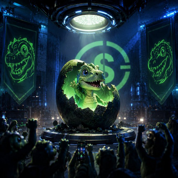 A digital artwork of a cute green dinosaur hatching from an egg on a pedestal, surrounded by a cheering crowd and green dinosaur banners under a spotlight.