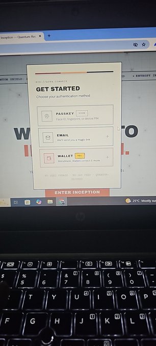 A laptop displays the Inception — Quantum Rec... website with a "GET STARTED" login prompt offering Passkey, Email, and Wallet (MetaMask, WalletConnect) authentication options. The image relates to the post by showing a user attempting to access the dac_chain site, which appears to have authentication issues causing access problems.