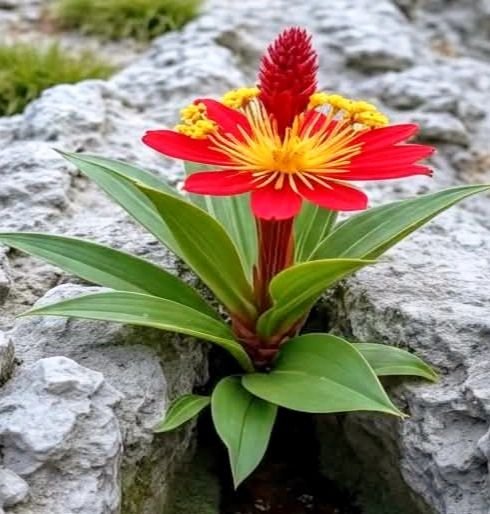 A vibrant red and yellow flower with lush green leaves grows from a crack in rugged gray stone, symbolizing resilience and blooming in challenging environments—much like starting a fresh, motivated "Good morning" in the crypto office grind.
