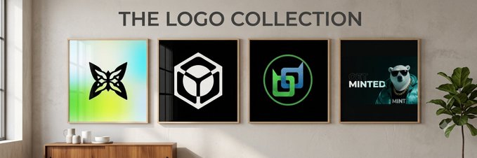 A wall display titled 'THE LOGO COLLECTION' featuring four framed logo artworks, including one with 'MINTED' text and a sloth mascot.