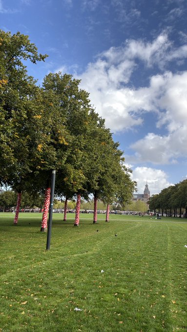 A row of trees wrapped in pink knitted coverings lines a grassy park under a partly cloudy blue sky, with a clock tower visible in the distance. The open green field perfectly matches the "touch some grass" weekend sentiment, offering a serene outdoor retreat from the hustle of daily life.