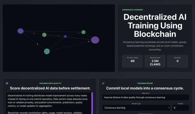 Dark-themed dashboard for 'Decentralized AI Training Using Blockchain' showing consensus learning metrics including 89 private nodes, 2.5M CLAWD rewards, and training data quality sections for Solana AI.