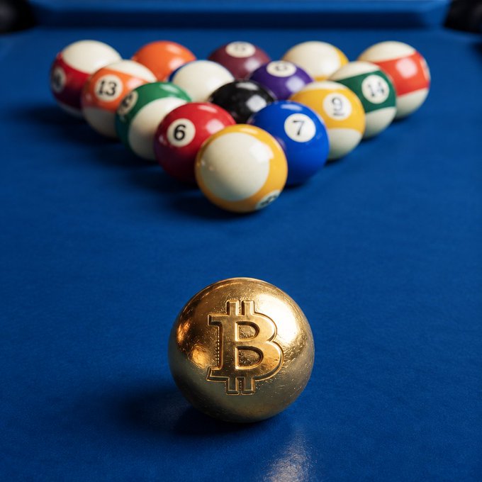 A gleaming gold Bitcoin sphere sits in front of a full rack of billiard balls numbered 6, 7, 9, 11, 12, 13, and 14 on a blue felt table, illustrating the caption's metaphor of Bitcoin "breaking" the traditional game to establish the foundation for the next layer of crypto innovation.
