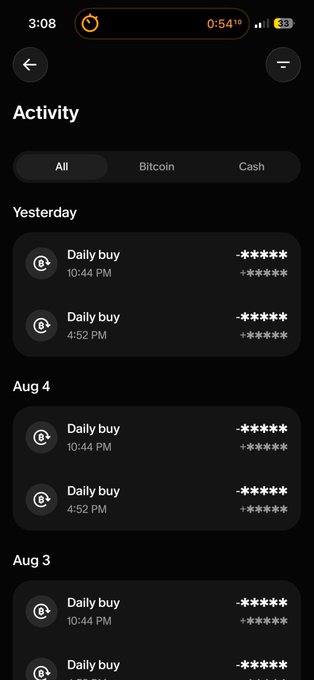 The image shows a mobile app's "Activity" screen displaying recurring "Daily buy" transactions grouped by date (Yesterday, Aug 4, Aug 3) across All, Bitcoin, and Cash tabs, with card details and amounts masked. This aligns with the poster's message of making daily Bitcoin (and MSTR) purchases, reflecting a consistent dollar-cost-averaging investment strategy rather than waiting for a market bottom.