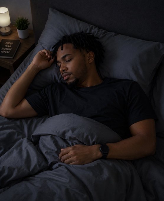 A young man with dreadlocks sleeping peacefully in a dark gray bed, with a nightstand holding a lamp, a plant, and a book that reads "FOCUS PLAN EXECUTE REPEAT".