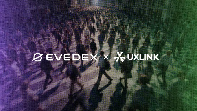 A crowded urban scene of pedestrians crossing a street is overlaid with the logos "EVEDEX" and "UXLINK," visually representing the partnership between the gamified perps trading platform and the global Web3 social platform with 55M+ users.