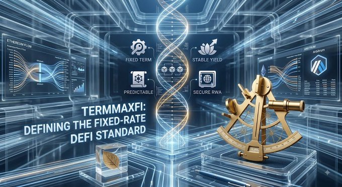 A promotional graphic for TermMaxFi featuring a golden sextant and DNA helix with the tagline 'DEFINING THE FIXED-RATE DEFI STANDARD' and key features like 'FIXED TERM', 'STABLE YIELD', 'PREDICTABLE', and 'SECURE RWA'.