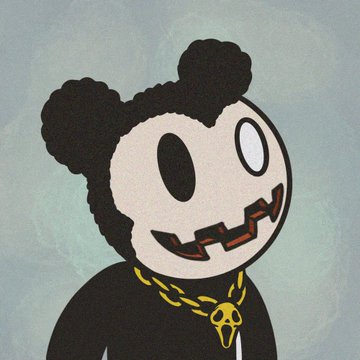 A cartoon-style illustration of a black character with curly ears, large white eyes, a stitched mouth, and a gold chain with a skull pendant, set against a cloudy blue sky.