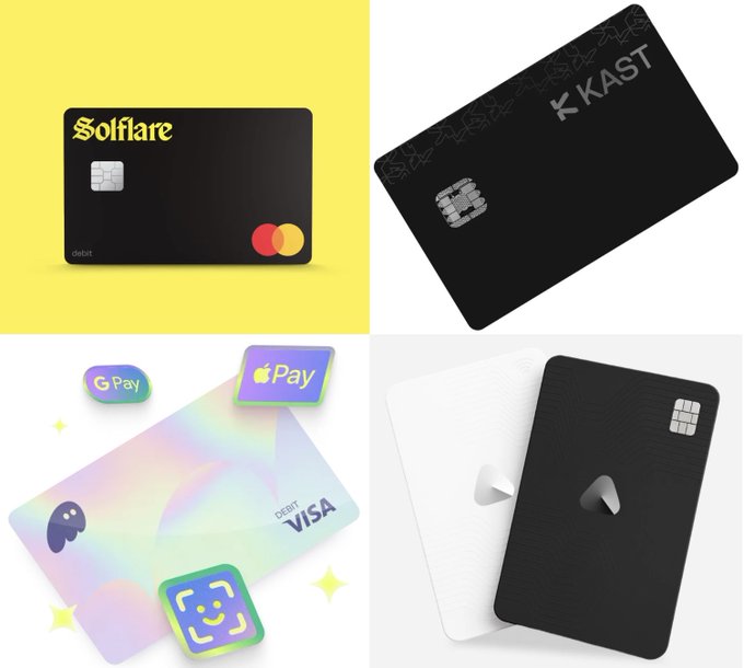 Four crypto debit cards displayed on a yellow background: a black "Solflare" Mastercard debit card, a black "KAST" card with heart patterns, a holographic Visa card paired with Apple Pay and Google Pay icons, and a black card featuring a logo shown alongside its white version.
