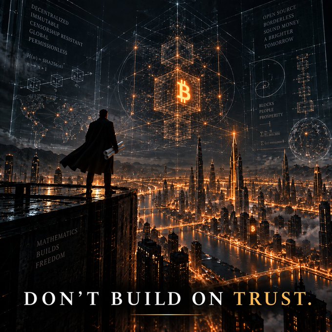 A futuristic cityscape with a glowing Bitcoin symbol hologram features the text 'DON'T BUILD ON TRUST.' along with terms like 'DECENTRALIZED', 'IMMUTABLE', and 'MATHEMATICS BUILDS FREEDOM'.