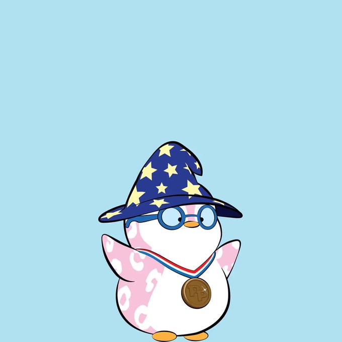 A cartoon illustration of a pink and white penguin-like character wearing a blue wizard hat with yellow stars, round blue glasses, and a Bitcoin (₿) medallion around its neck, set against a light blue background.
