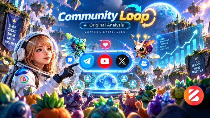 A colorful, fantasy-themed promotional banner titled 'Community Loop: Original Analysis,' featuring a girl in an astronaut helmet and whimsical creatures interacting with a holographic globe and social media icons including Telegram, YouTube, and X.
