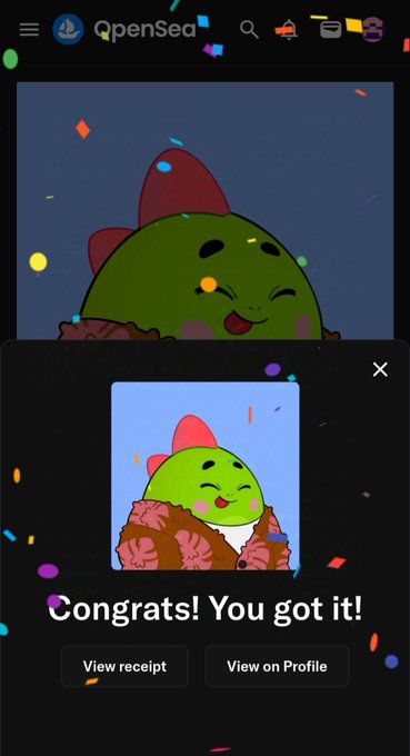 The image features an openseeds app with two posts displayed side by side. The first post shows a cartoon of a green dinosaur wearing a pink shirt, surrounded by confetti. The second post displays a picture of a cartoon dinosaur wearing a brown coat, also surrounded by confetti. Both posts contain text that congratulates the user on their purchase and encourages them to view the profile of the cartoon dinosaur they bought.