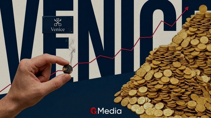 An illustrated graphic featuring a hand holding a smoking coin in front of a large pile of gold coins, with 'VENICE' in bold letters, the Venice logo, and an upward-trending red arrow; 'C&Media' is displayed at the bottom.