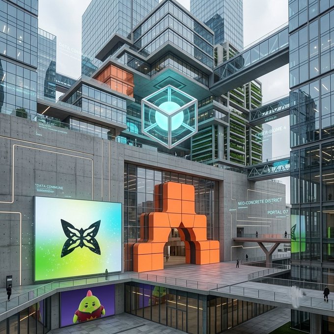 A futuristic cyberpunk cityscape featuring modern glass skyscrapers, a glowing cube, a large orange pixelated archway, and neon signs reading 'DATA COMMUNE' and 'NEO-CONCRETE DISTRICT'.