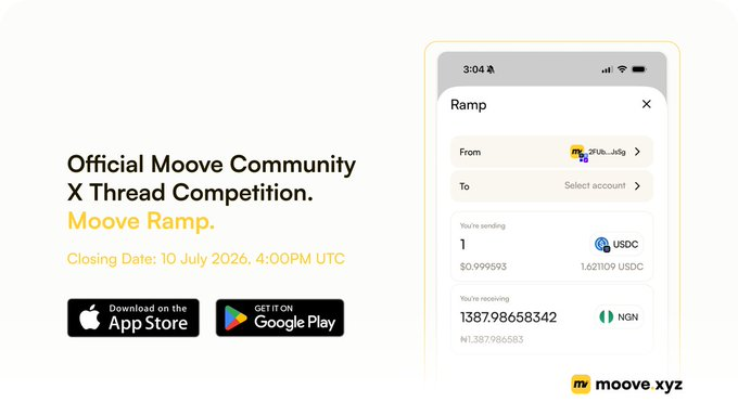 Moove Off-Ramp is now in beta for Nigeria, enabling users to convert USDC to NGN at a rate of 1 USDC = 1,621,109 NGN, as shown in the app interface.