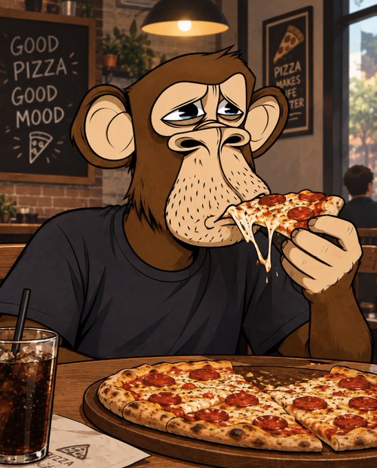 A cartoon illustration of a sad-looking monkey sitting at a wooden table in a pizzeria, eating a slice of pepperoni pizza with a large pizza on the table and a 'Good Pizza Good Mood' sign in the background.