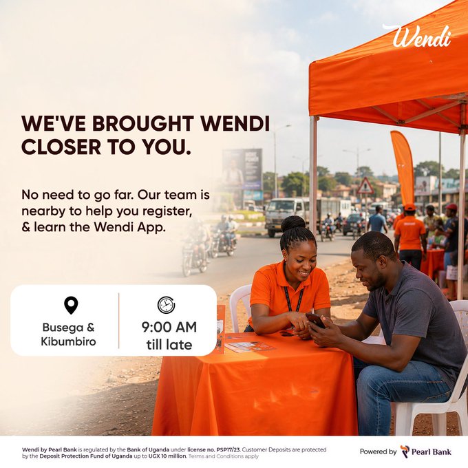 A promotional Wendi by Pearl Bank advertisement reads "We've brought Wendi closer to you," showing a team member in an orange shirt assisting a customer at a roadside orange tent in Busega & Kibumbiro, open from 9:00 AM till late to help register users and learn the Wendi App—directly illustrating the post's mention of spotting the orange Wendi tent on the way home.