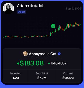 A trading profile screen for user 'AdamJrda1st' showing a portfolio chart with an Anonymous Cat position that gained +$183.08 (640.48%), invested $29, bought at $7.2M, with current value at $95.6M.