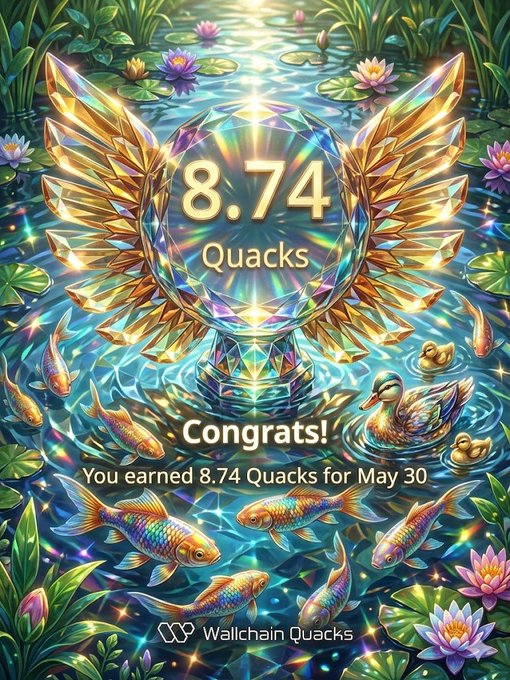The image features a poster with an illustration of ducks swimming in water surrounded by flowers and plants. The poster also displays a number "8.74 Quacks" written below a golden bird figure, which appears to be a trophy or award for Quack Faming. The text on the poster congratulates the Quack fam for their contribution and mentions that they are earning real Mindshare more than visibility. This implies that the Quack fam is actively participating in discussions and sharing valuable insights, rather than just chasing every trend.