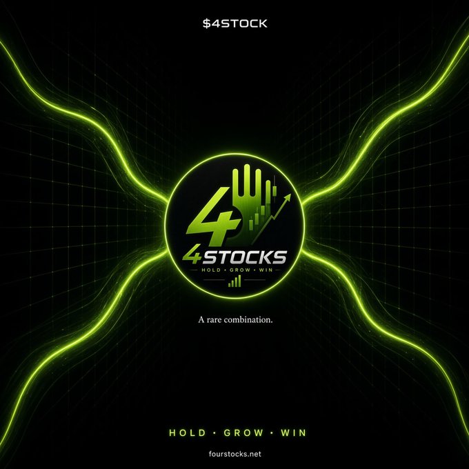 A promotional graphic for '$4STOCK' (fourstocks.net) featuring a green neon logo with a hand and chart icon, with the tagline 'HOLD GROW WIN' and 'A rare combination.'