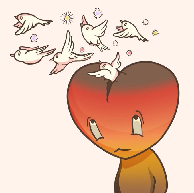 An anime-style illustration of a character with a large heart-shaped red head from which white doves are flying out, against a light pink background.