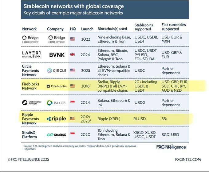 A chart titled 'Stablecoin networks with global coverage' from FXC Intelligence, listing major networks including Bridge, BVNK, Circle Payments Network, Fireblocks Network, Global Dollar Network, Ripple Payments Network, and StraitsX Platform, with details on blockchains and supported stablecoins.