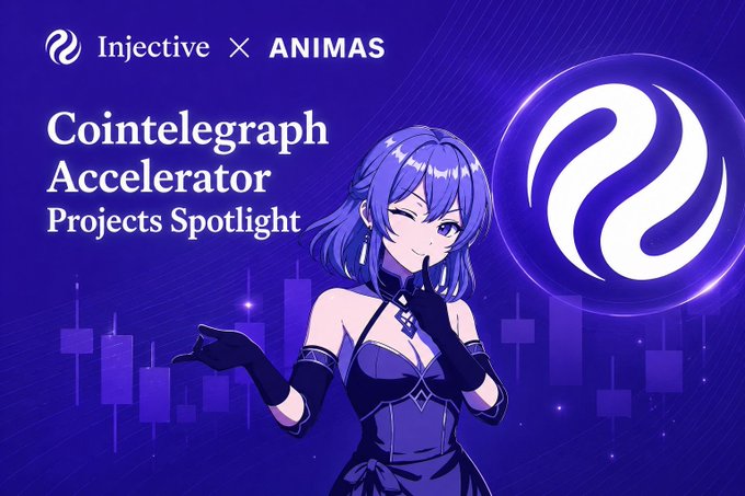 An anime-style character in a purple outfit winks against a deep purple background featuring the Injective logo, ANIMAS branding, and "Cointelegraph Accelerator Projects Spotlight" text, with candlestick chart graphics reinforcing the AI-driven crypto trading theme highlighted in the post.