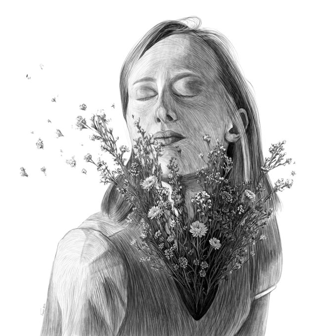 A pencil sketch of a woman with closed eyes, with a bouquet of wildflowers blooming from the center of her chest.