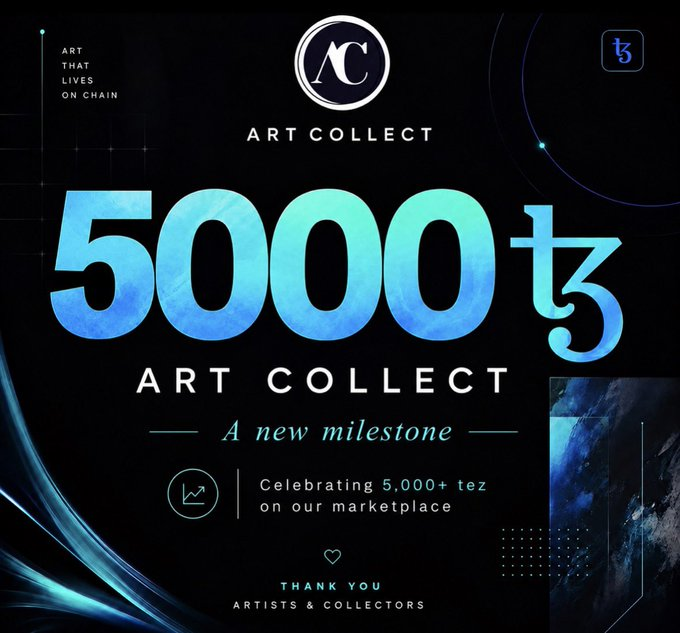 A promotional graphic celebrating "5000 tz" (tez) on the "ART COLLECT" marketplace, with the text "A new milestone" and "Celebrating 5,000+ tez on our marketplace."