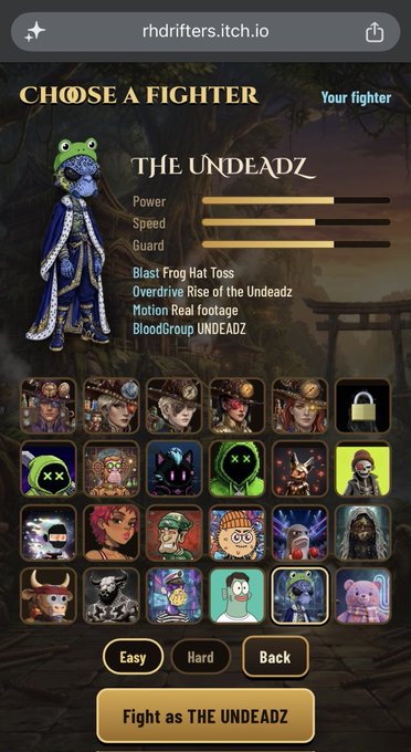 The image shows a character selection screen from rhdrifters.itch.io's game, featuring "THE UNDEADZ" character stats including Power, Speed, and Guard attributes, alongside a grid of unlockable characters and a "Fight as THE UNDEADZ" button at the bottom. The screenshot corresponds to the game's playable Undeadz character now integrated into the roster, as highlighted in the post.