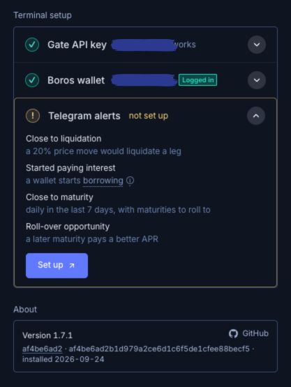 A 'Terminal setup' screen showing 'Gate API key' and 'Boros wallet' both marked with green checkmarks, and a 'Telegram alerts' section not yet set up, with Version 1.7.1.