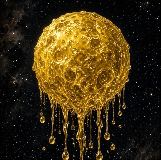 A surreal digital artwork of a golden, cratered sphere with molten gold dripping downward against a starry night sky background.