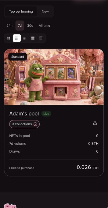 An NFT marketplace interface showing "Adam's pool" featuring Pepe the Frog artwork, with 3 collections and a purchase price of 0.026 ETH.