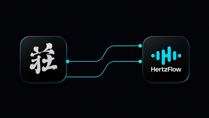 A dark-themed graphic showing a connection flow from a logo containing a Chinese character to a 'HertzFlow' logo with a teal audio wave design.