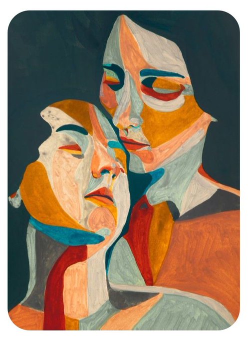 A stylized, cubist-style painting featuring two abstract faces in earthy tones of orange, brown, blue, and teal against a dark background.