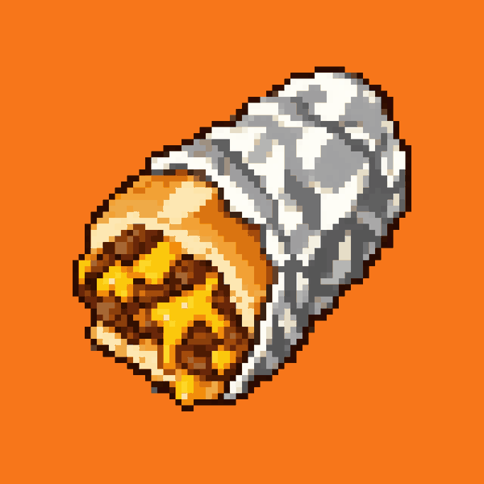 A pixel art image of a burrito with meat, cheese, and fillings wrapped in foil, set against an orange background.