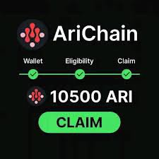 The image displays an AriChain airdrop claim screen showing a verified status for "Wallet," "Eligibility," and "Claim," with an allocation of 10500 ARI tokens and a green "CLAIM" button. It visually represents the final step users take to withdraw their AriChain airdrop rewards, aligning with the video's guide on accessing tokens.