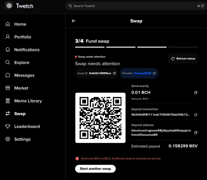 A screenshot of the Twetch app's Swap interface shows a "Swap needs attention" status for swapping 0.01 BCH to an estimated 0.158299 BSV via ChangeNOW, with a QR code and deposit address displayed. The image visually captures the user's frustration referenced in the caption, where the swap process stalled and required additional action they were unwilling to take.