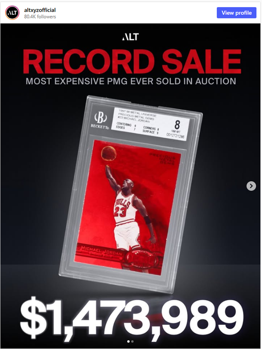 This is an Instagram post from @altzyofficial announcing a record sale of a Michael Jordan 1991-92 NBA Hoops #221 metal cards PMG, which sold for $1,473,989, making it the most expensive PMG ever sold at auction, with the card graded Beckett 8.