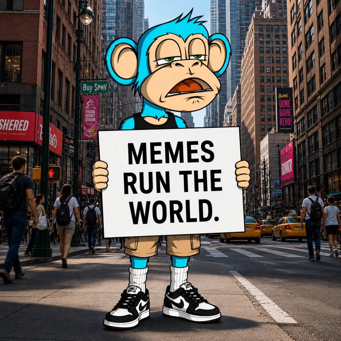 A cartoon blue monkey character wearing Nike sneakers and shorts, holding a sign reading "MEMES RUN THE WORLD" in a city street setting with yellow taxis.