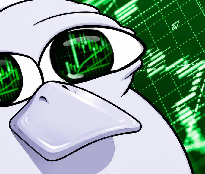 An illustrated white duck wearing sunglasses with stock market charts reflected in the lenses, set against a background of green financial data.