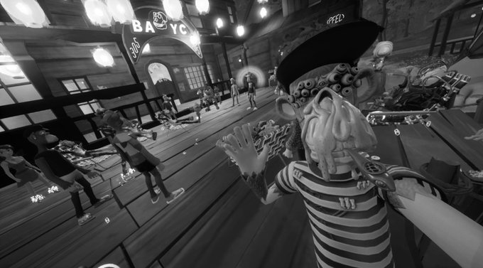 A black-and-white screenshot from the VR game 'VRChat', showing a stylized anime character in a striped shirt with a hat in a bar-like environment called 'BAR YC'.