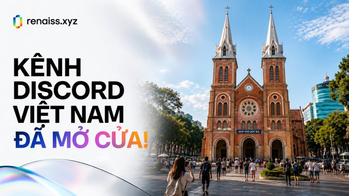 The image features a large, colorful banner with text written in Vietnamese that says "Kéhn disord viet nam da mo cua!". The banner also includes an illustration of a church with two tall spires, which adds visual interest to the overall design. In front of the church, there are several people walking around and enjoying their time at the location.