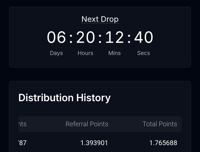 A dark-themed “Next Drop” countdown shows 06:20:12:40 remaining in Days, Hours, Mins, and Secs, above a partially visible “Distribution History” table with referral and total points.