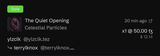 A sale notification shows "The Quiet Opening" by Celestial Particles sold at x1 50.00 ₣ ($12.14) from ylzclk to terrylknox 20 minutes ago, confirming the successful transaction mentioned in the post.
