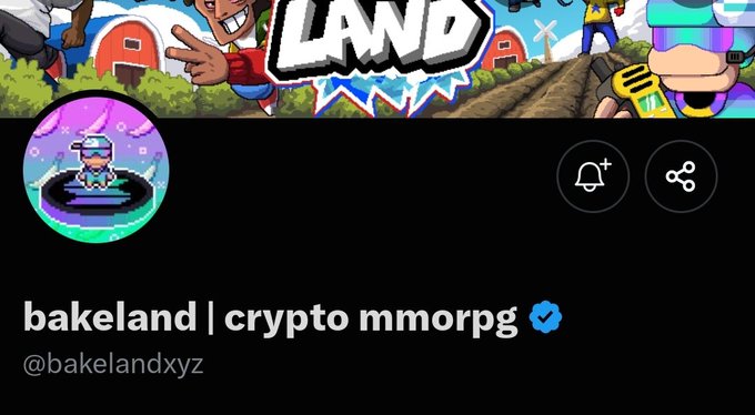 X/Twitter profile header for 'bakeland | crypto mmorpg' (@bakelandxyz) with a verified checkmark, featuring pixel-art characters and a 'LAND' logo.