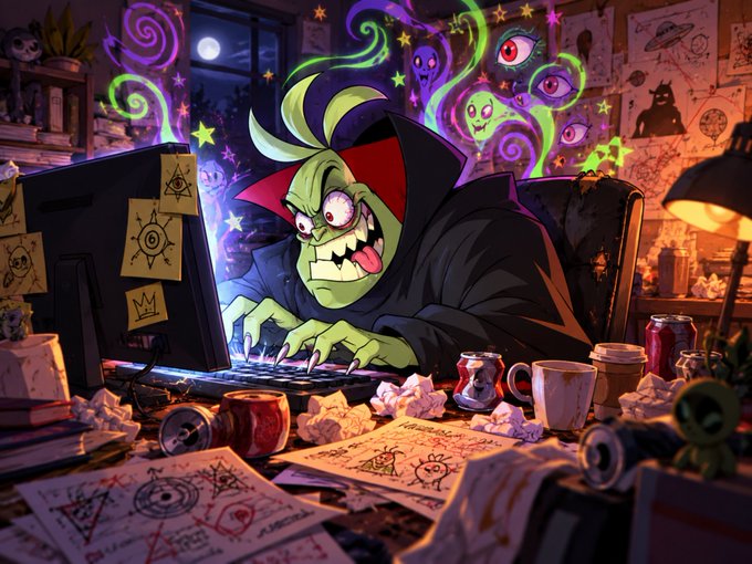Cartoon illustration of a green-skinned vampire-like character wearing a black cloak, sitting at a messy desk with a computer, surrounded by floating purple and green swirls, stars, and spooky symbols.