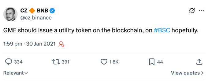 A screenshot of CZ Binance’s Jan. 30, 2021 post says, “GME should issue a utility token on the blockchain, on #BSC hopefully.” It is being quoted in a post about bStocks’ 24/7 tokenized U.S. stock asset, $GME.