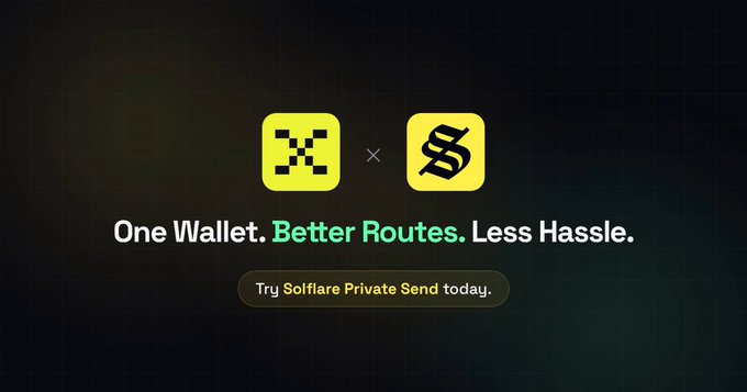 A promotional graphic for 'Solflare Private Send' featuring two yellow app icons with the text 'One Wallet. Better Routes. Less Hassle.' on a dark background.